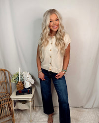 Sandy Shores Button Up Knit Short Sleeve Sweater / Top - Cream