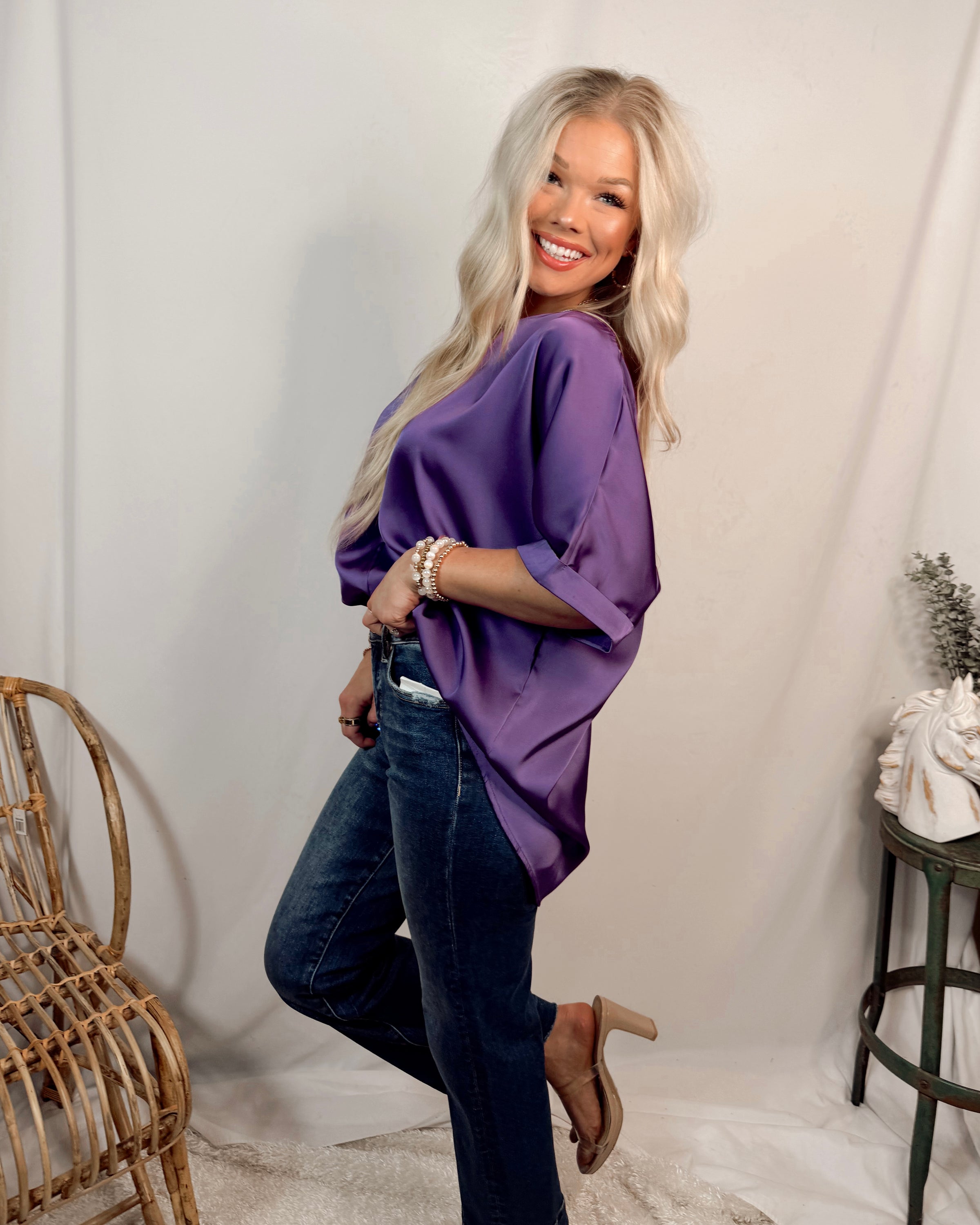 Sweet Serenity Satin V Neck Blouse - Purple