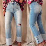 Caroline Cuffed High Rise Straight Leg Jeans - Light Wash