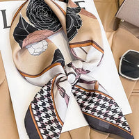 Floral & Equestrian Print Square Scarf with Houndstooth Border