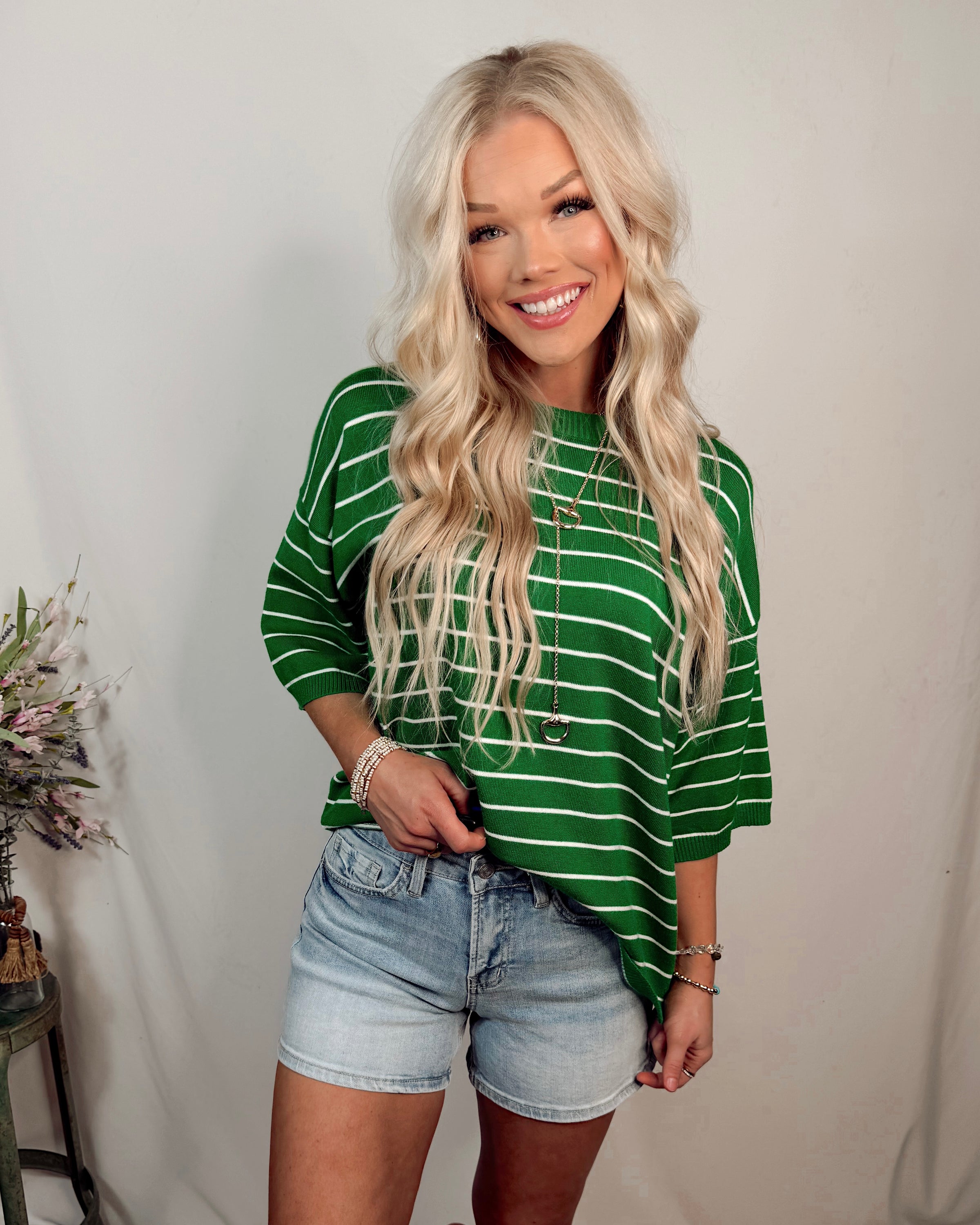 Lucky You Striped Oversized Knit Top - Green