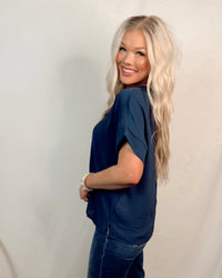 Timeless Touch V Neck Drop Sleeve Top - Indigo Navy