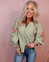 Elegant in Olive Stripes + Floral Embroidery Blouse
