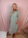 Country Club Brunch Striped Long Sleeve Midi Dress in Green