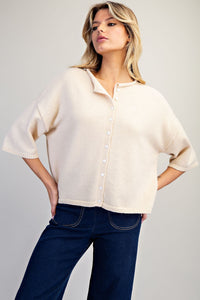Casual Button Down Knit Short Sleeve Cardigan - Sand
