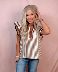 Savannah Striped Ruffle Sleeved Contrast Blouse - Brown
