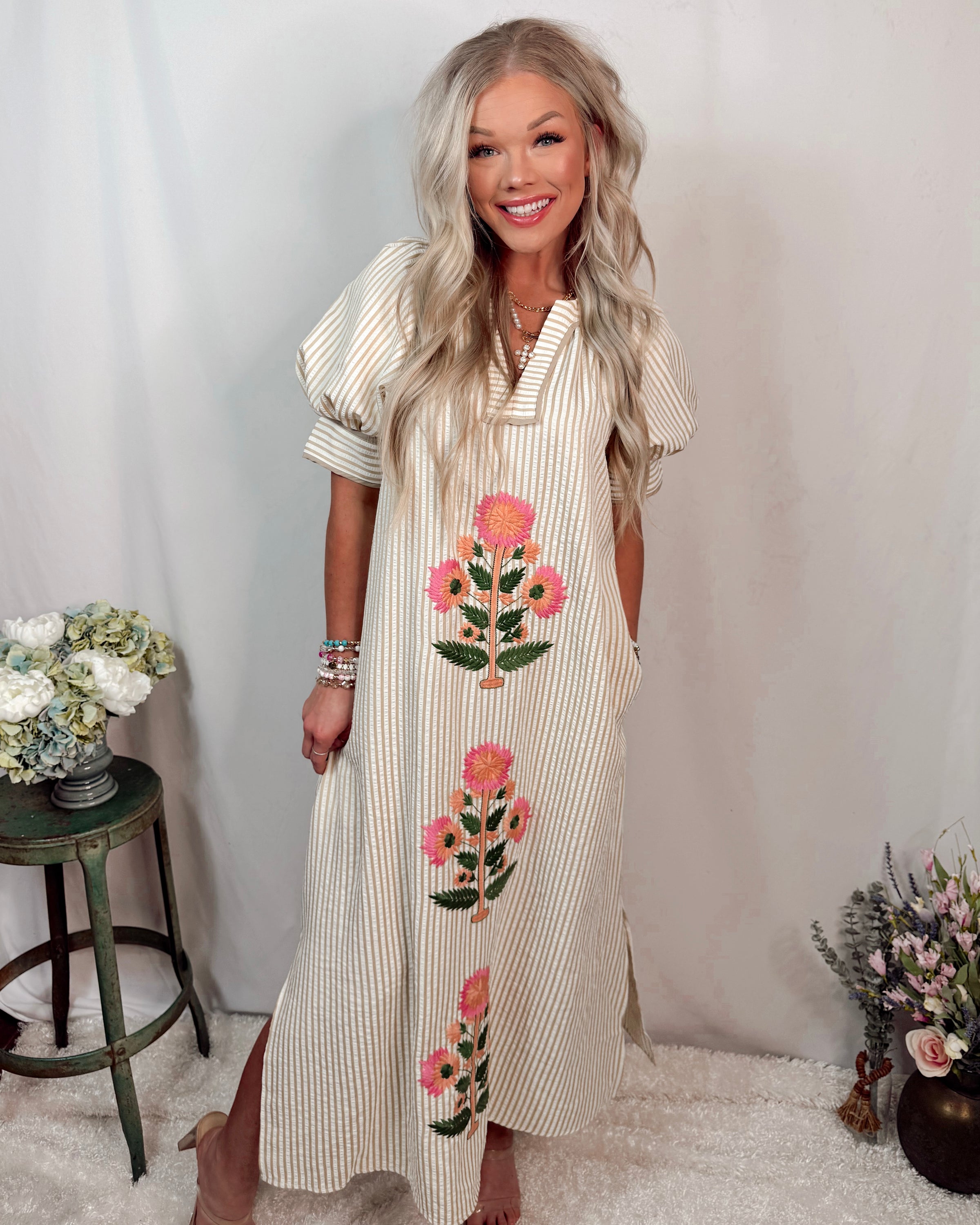 Soft Blooms Striped Floral Printed Maxi Dress - Taupe