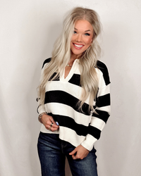 Varsity Collared Striped Knit Sweater Top - Cream/Black