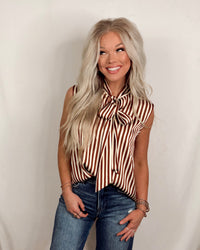 Sierra Sleek Satin Striped Sleeveless Neck Tie Blouse in Brown