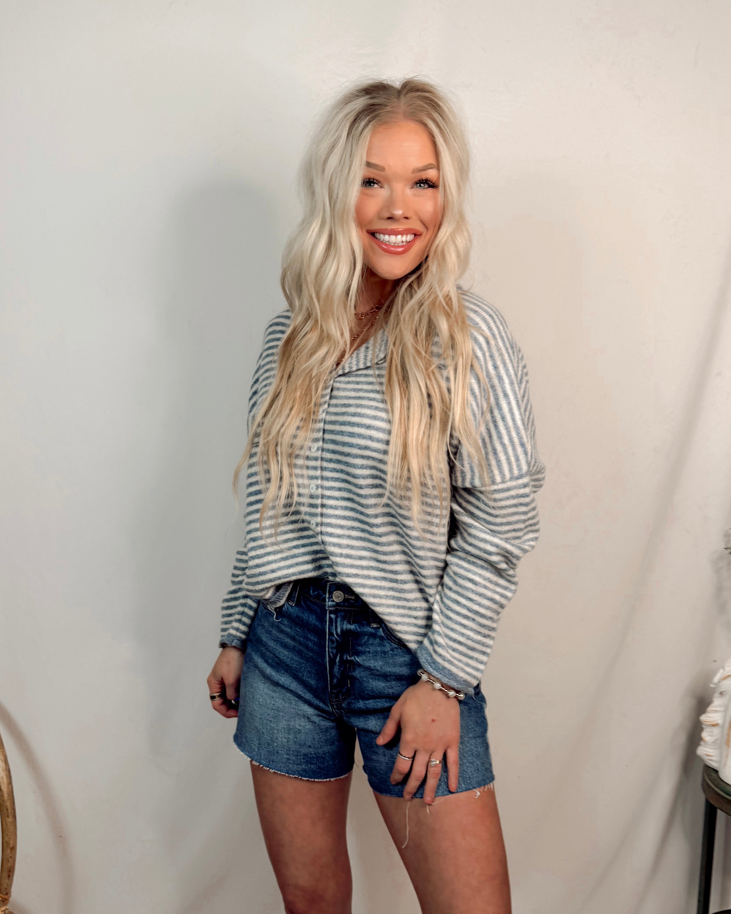 Morning Fog Stripe Knit Top / Cardigan - Dusty Blue
