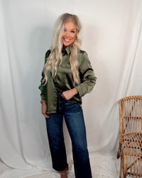 Closet Staple Crinkle Satin Long Sleeve Button Up Blouse - Olive Green