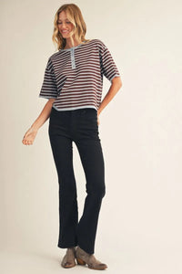 Simply Said Striped Knit Short Sleeve Sweater - Brown/Blue Mix