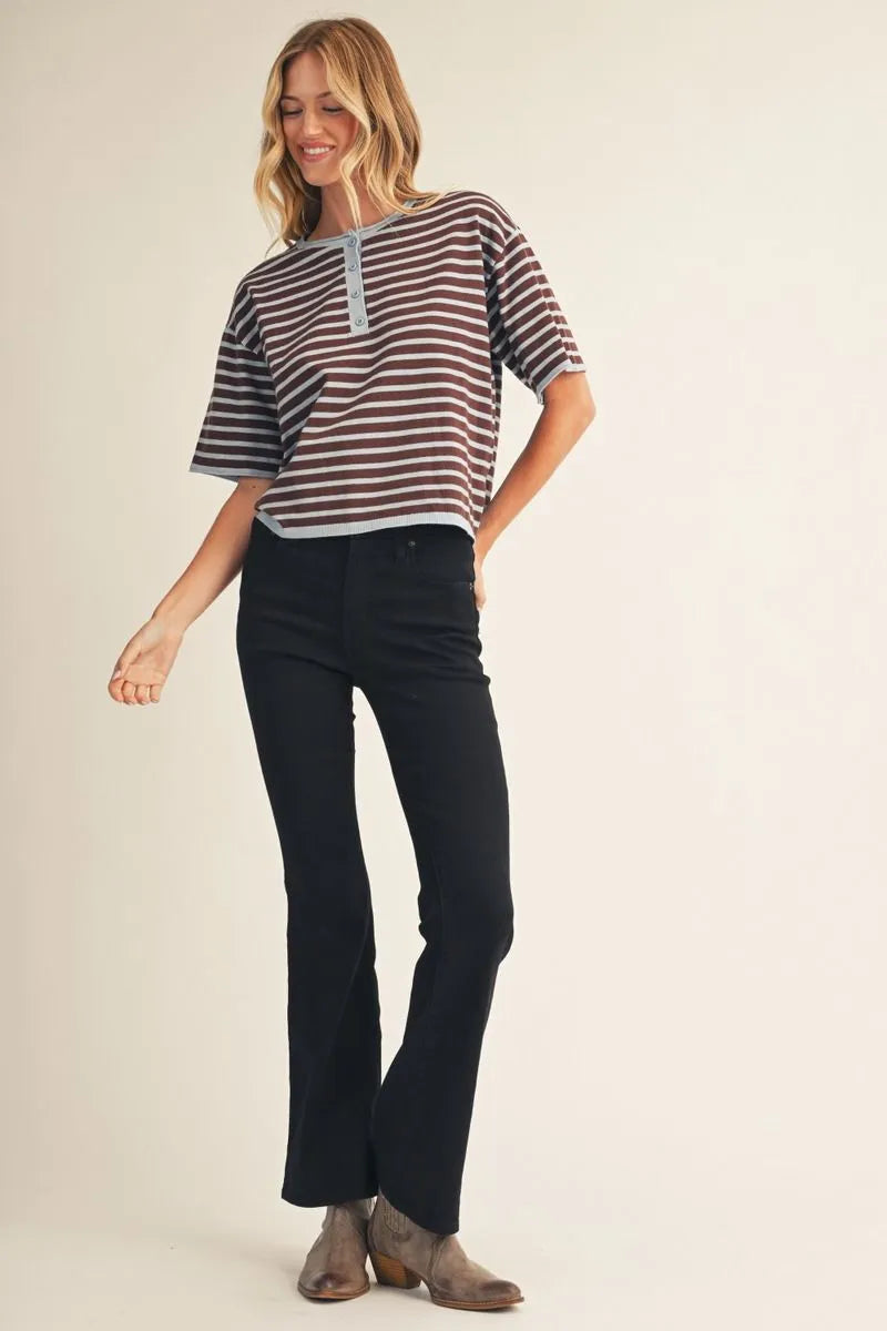 Simply Said Striped Knit Short Sleeve Sweater - Brown/Blue Mix