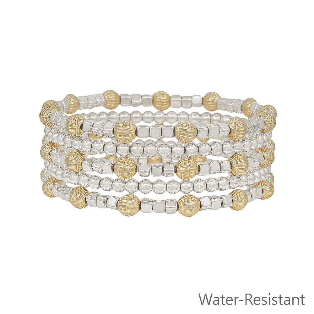 Everyday Mixed Metals Water Resistant Silver +Gold Beaded Bracelets Set of 5