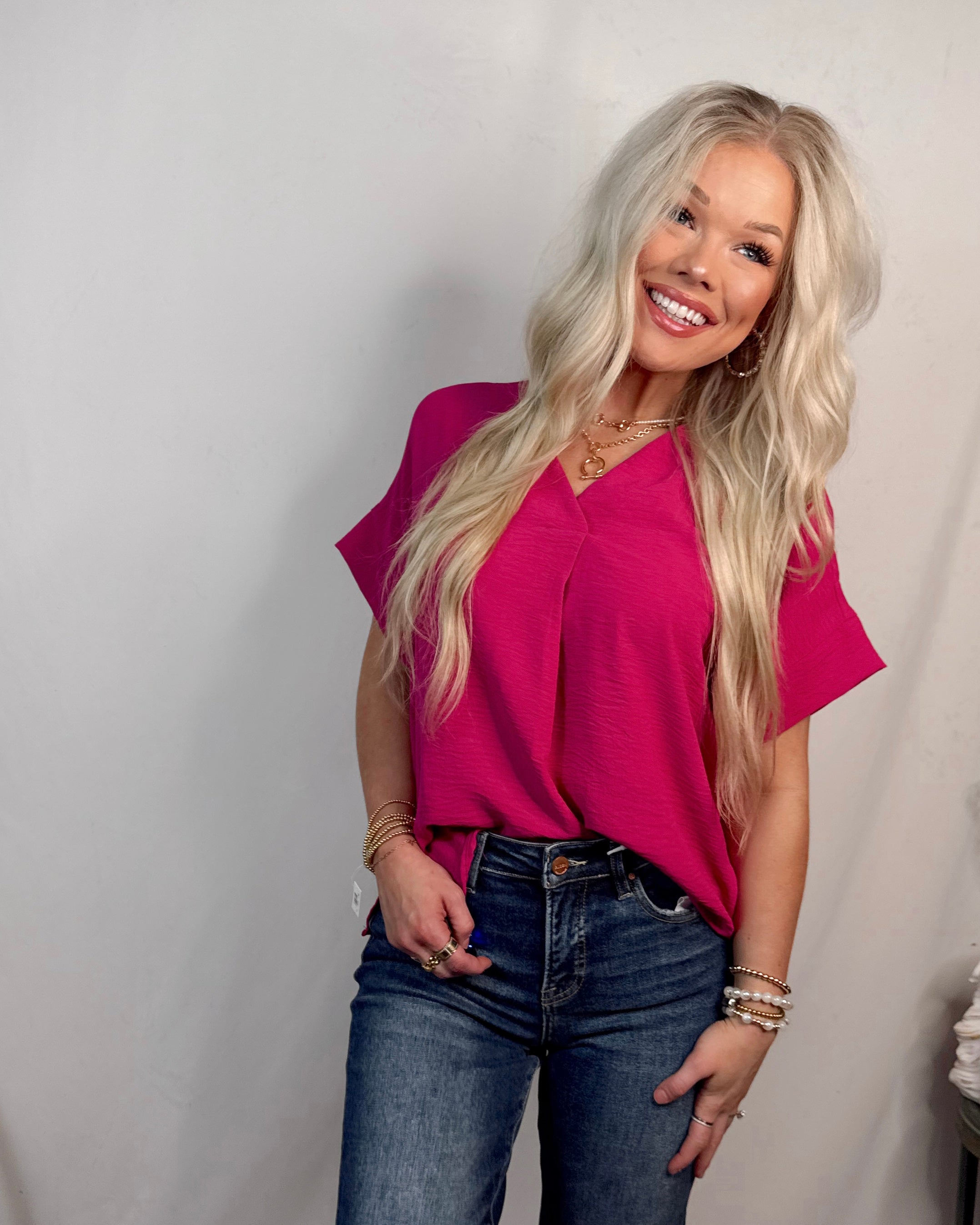Timeless Touch V Neck Drop Sleeve Top - Fuchsia