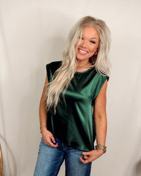 Swank Staple Satin Cap Sleeve Blouse in Emerald Green