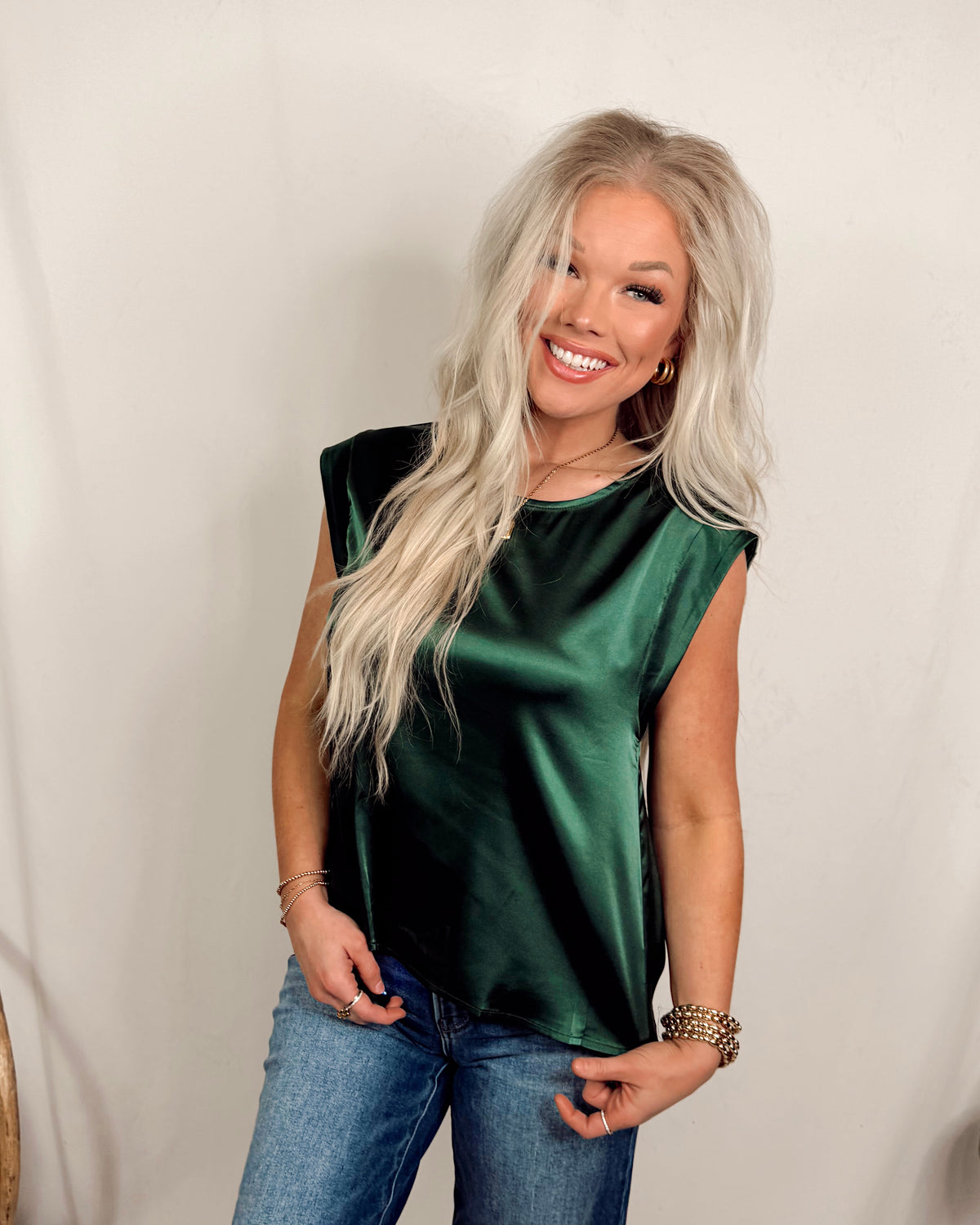 Swank Staple Satin Cap Sleeve Blouse in Emerald Green