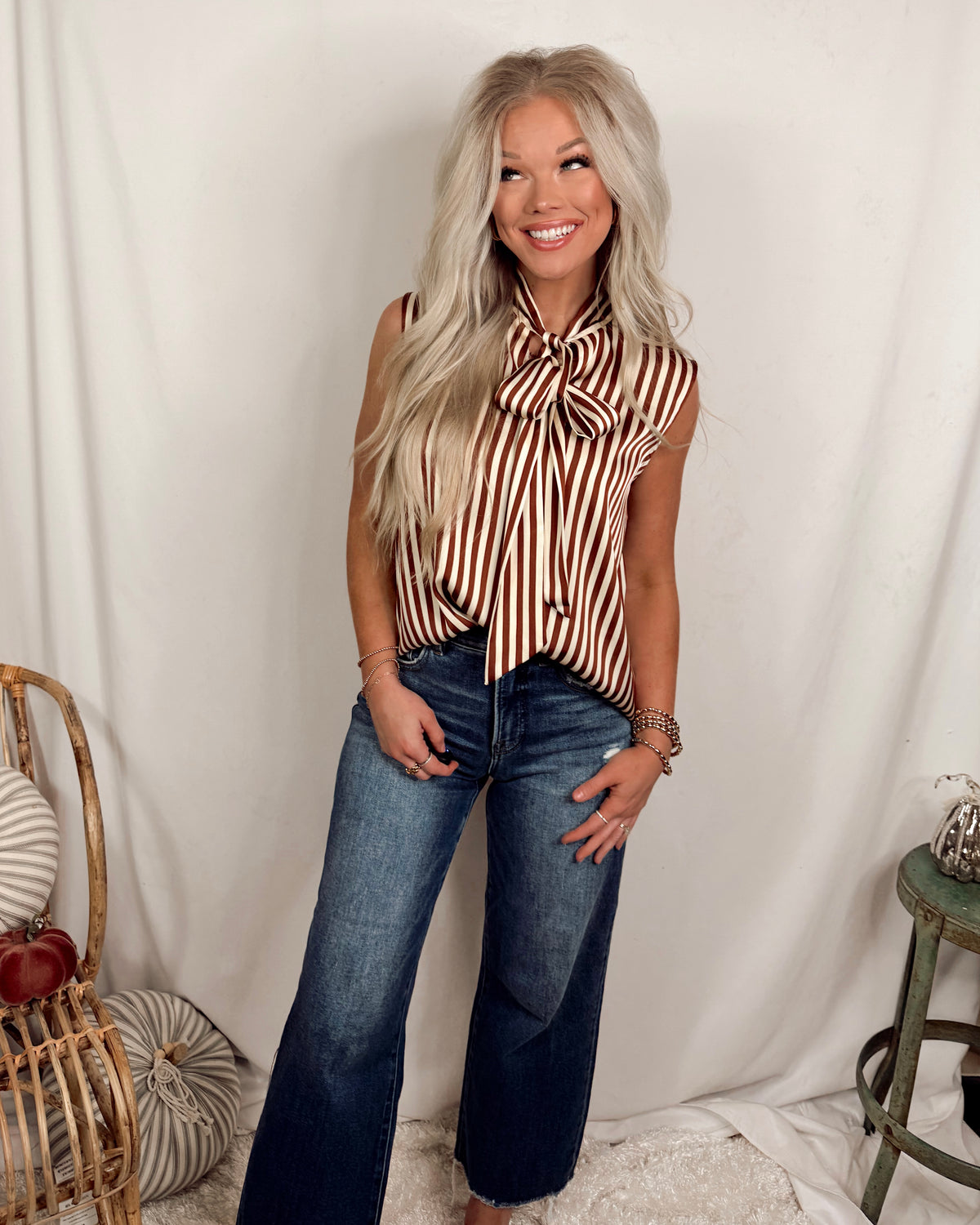 Sierra Sleek Satin Striped Sleeveless Neck Tie Blouse in Brown