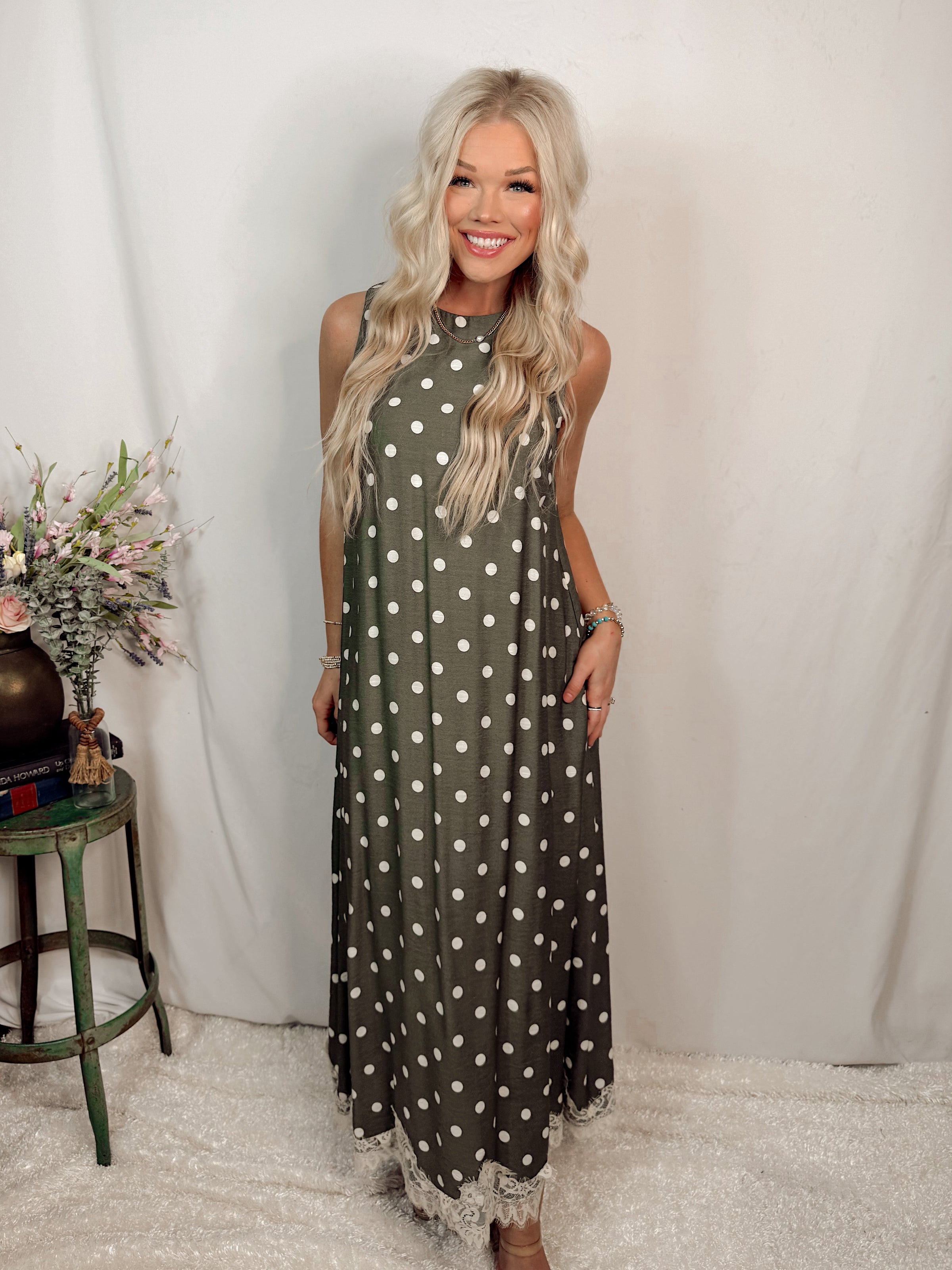 Pretty in Polka Printed Halter Neck Maxi Dress w/ Lace Trim - Olive