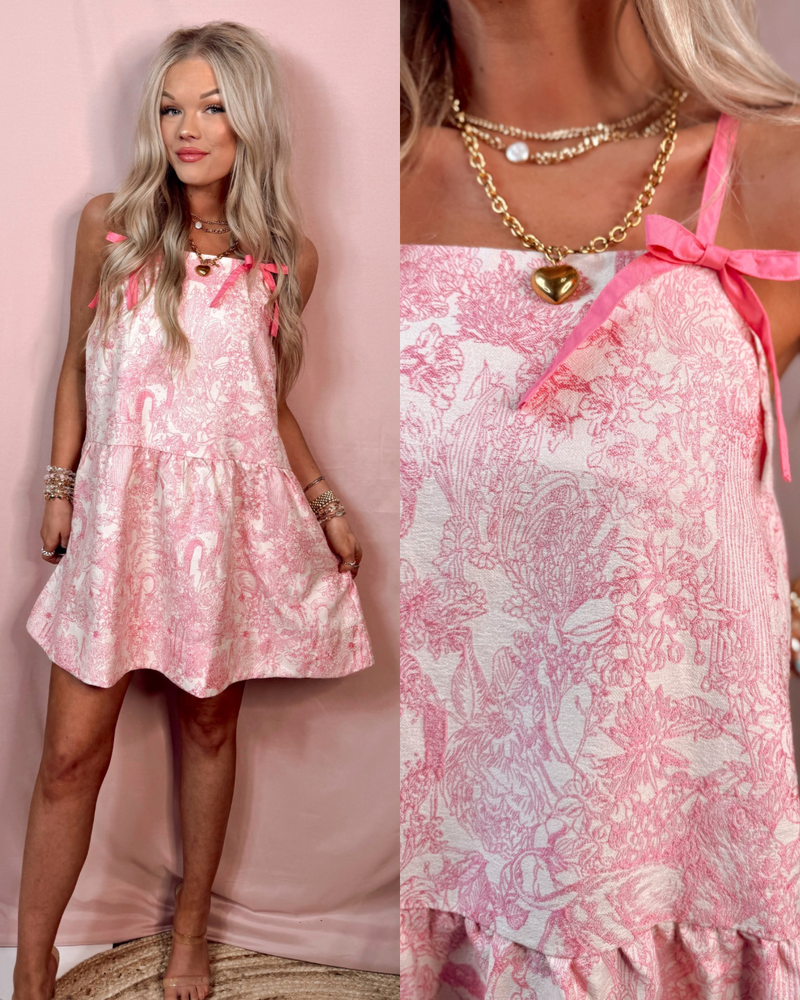 Pretty in Pink With Bows Coquette Printed Dress