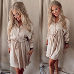Irresistibly Satin Long Sleeve Dress- Champagne