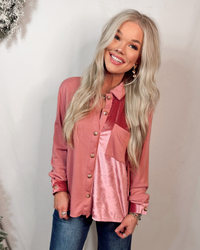 Uniquely Chic Two-Toned Contrast Velvet Detail Button Up Top - Rose