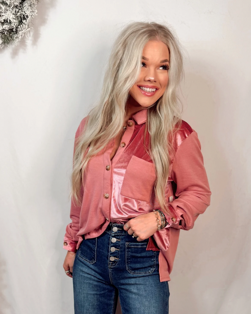 Uniquely Chic Two-Toned Contrast Velvet Detail Button Up Top - Rose