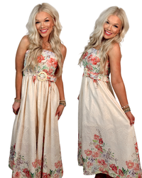 Bed of Roses Botanical Print Eyelet Detail Midi Dress w/ Belt