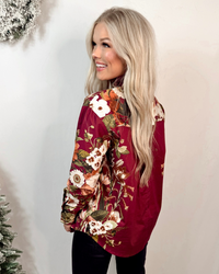 Merlot Manor Floral Print Gold Button Blouse