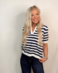 Keep It Classic Striped Knit V Neck Top - Navy