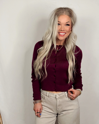 Wine & Dine Button Up Knit Long Sleeve Top - Dark Cherry