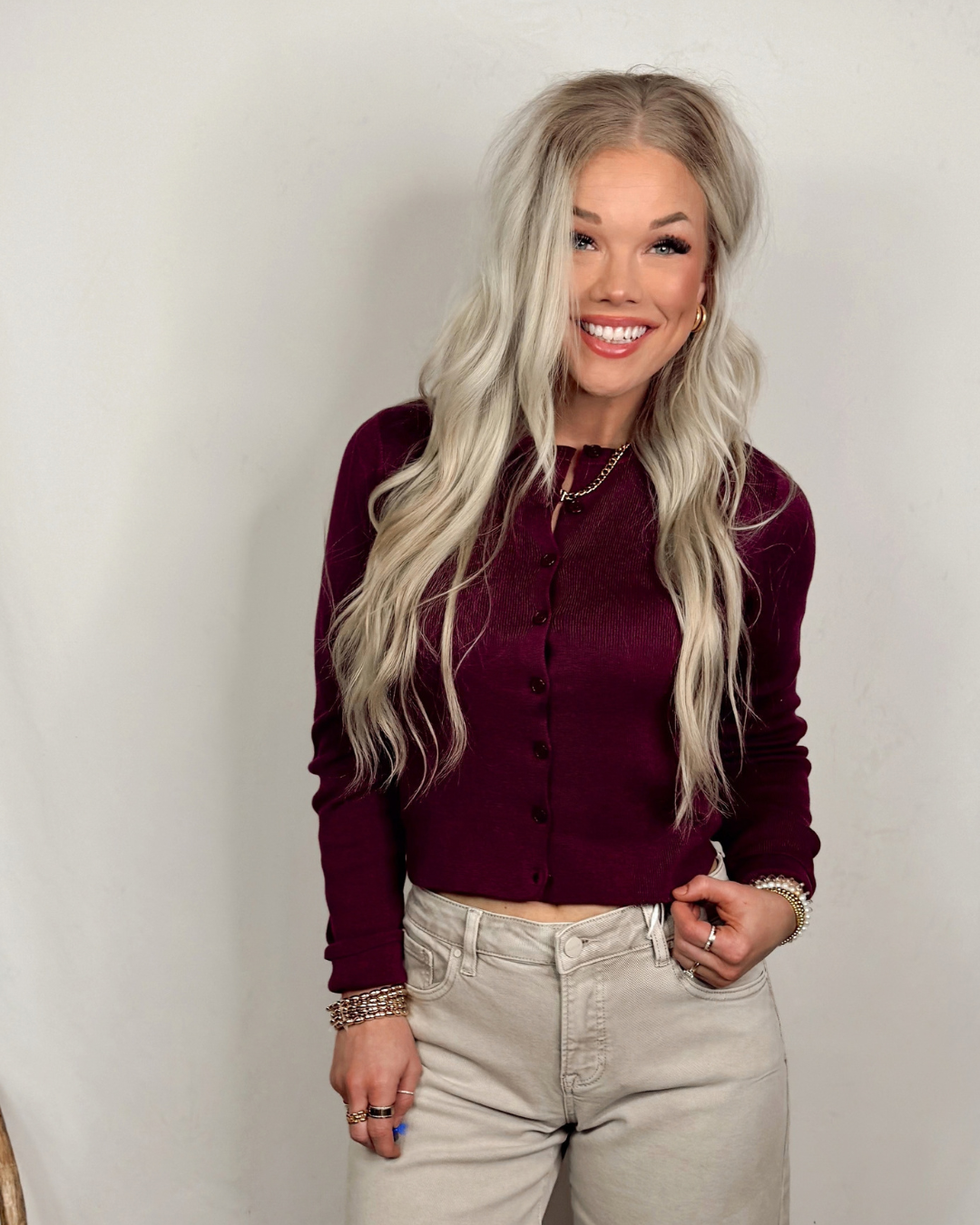 Wine & Dine Button Up Knit Long Sleeve Top - Dark Cherry