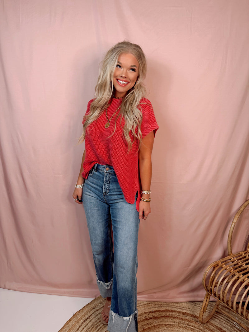 Main Character Mock Neck Knit Top - Red