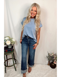 Cali Crew Neck Cuffed Short Sleeve Everyday Basic - Perry Blue