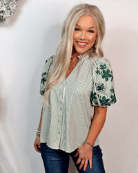 Elegant In Emerald Stripes + Floral Print Blouse