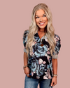 Midnight Floral Print & Striped Contrast Detail Blouse