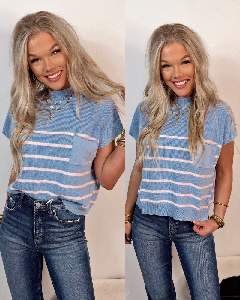 Blushing in Blue Striped Sweater Top