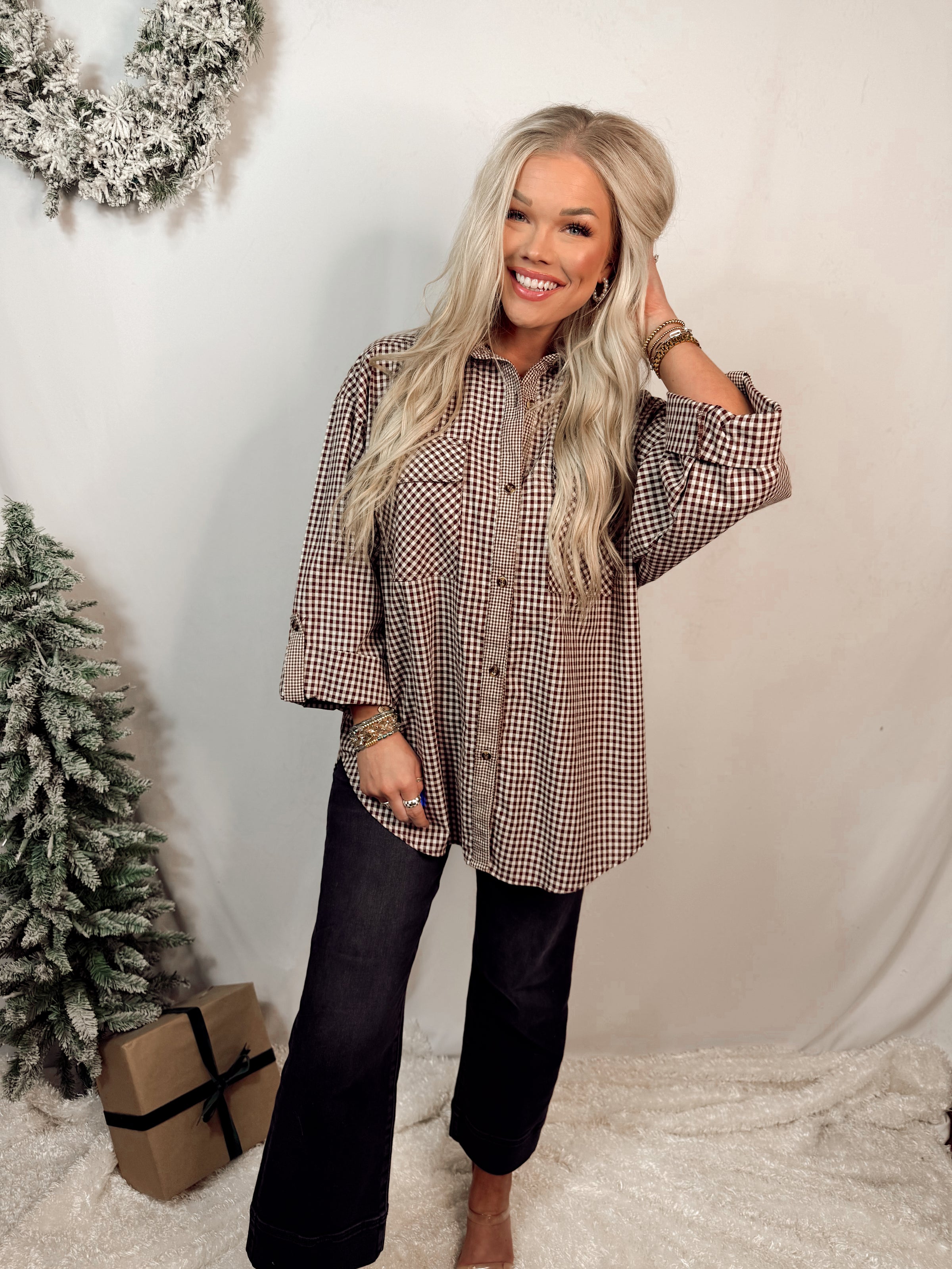 Rebecca Woven Plaid Rolled Sleeve Button Up Blouse