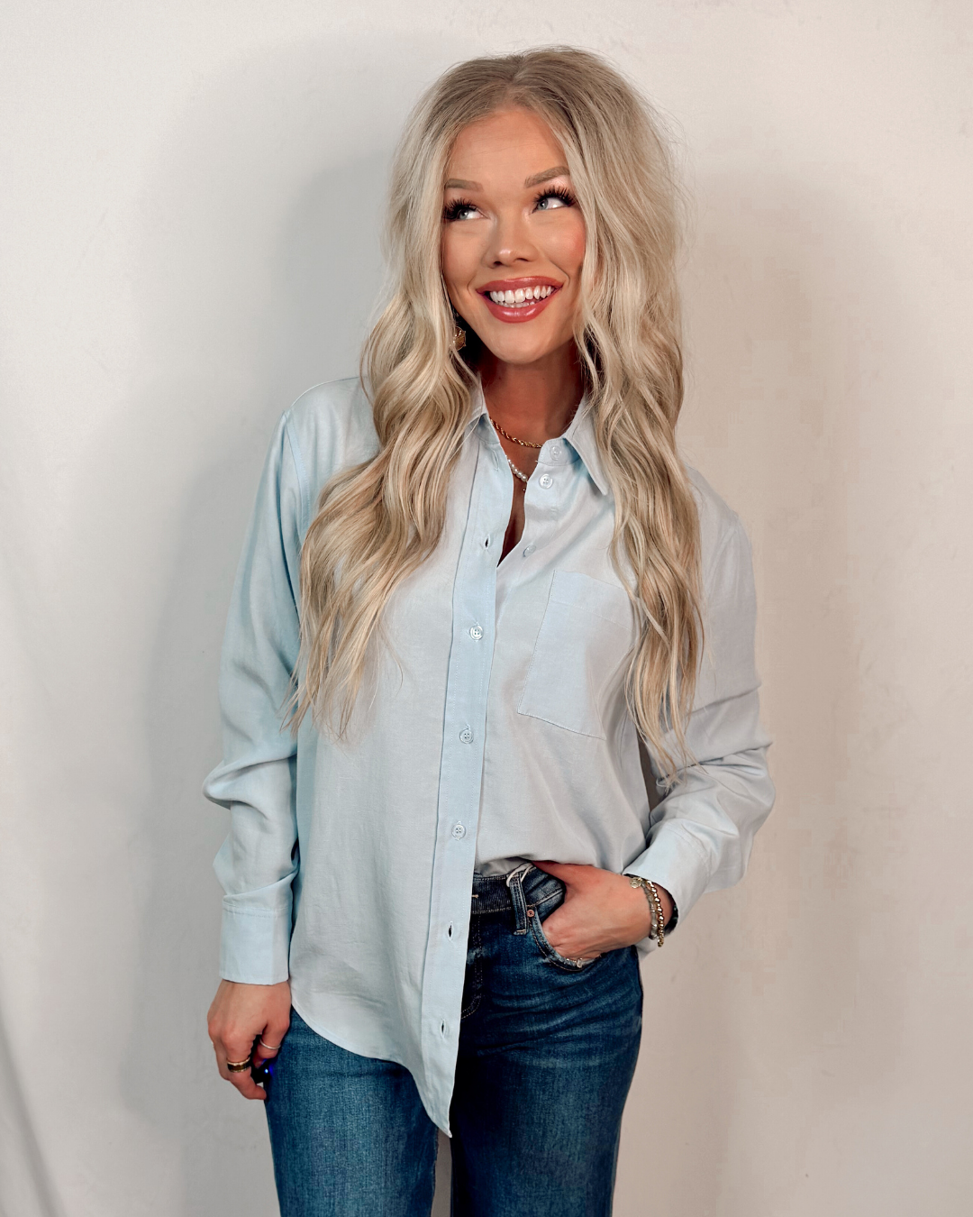 Clean Lines Classic Essential Button Down Top - Ice Blue
