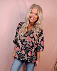 Moonlit Florals Printed Top - Black