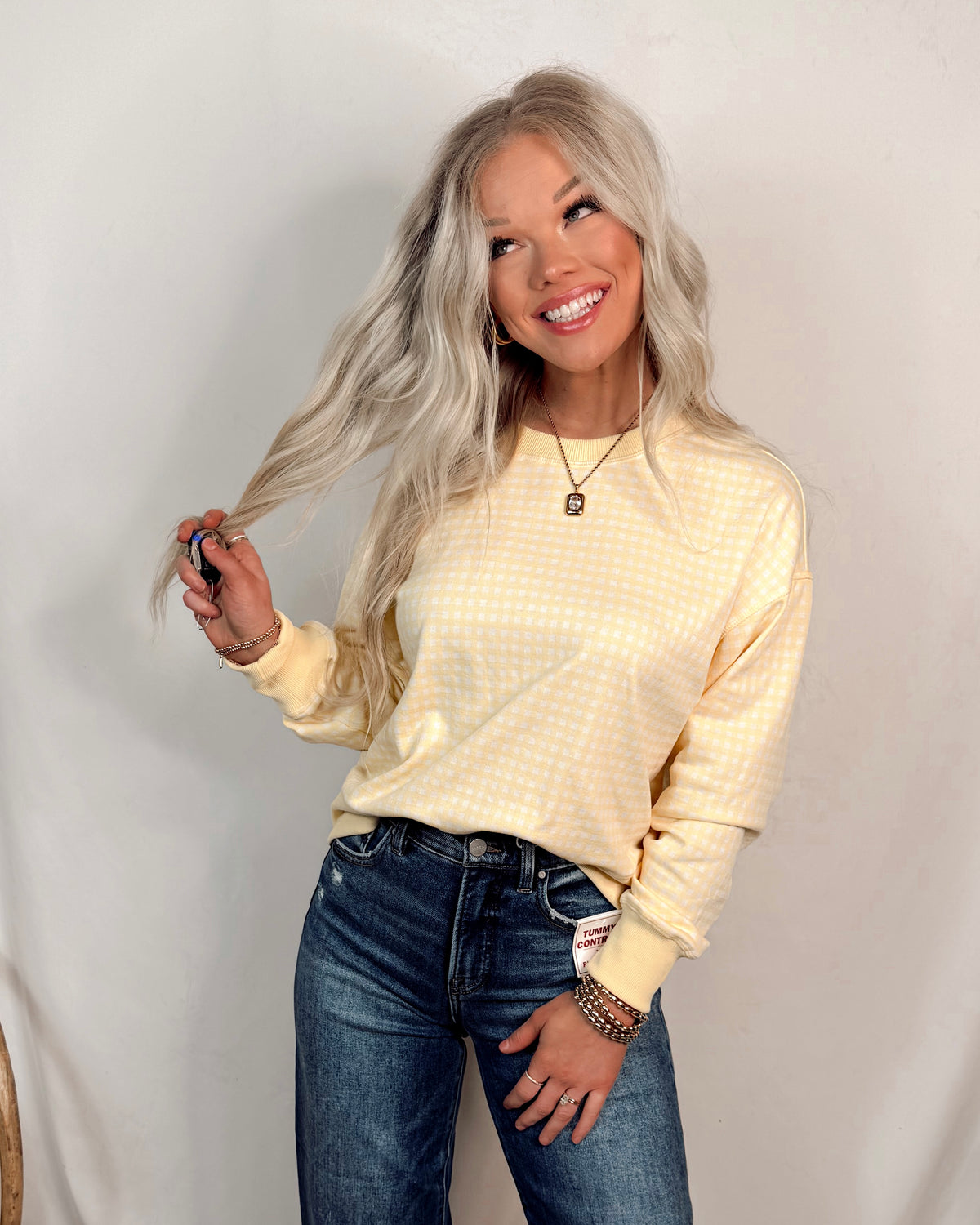 Lemon Drop Gingham Knit Pullover