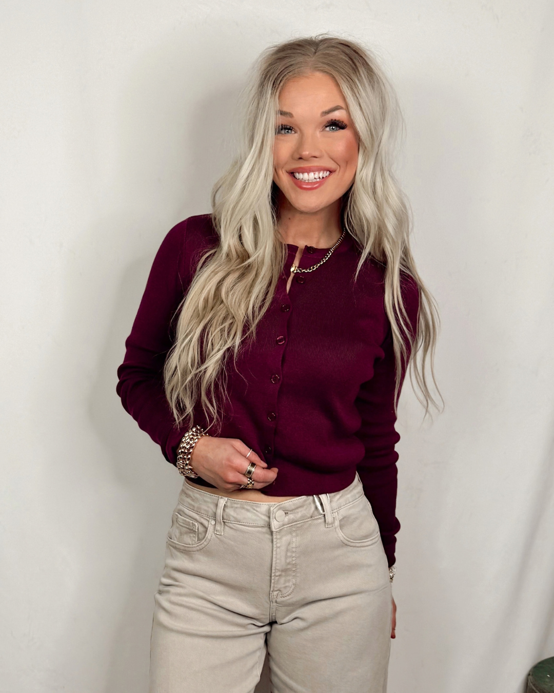 Wine & Dine Button Up Knit Long Sleeve Top - Dark Cherry