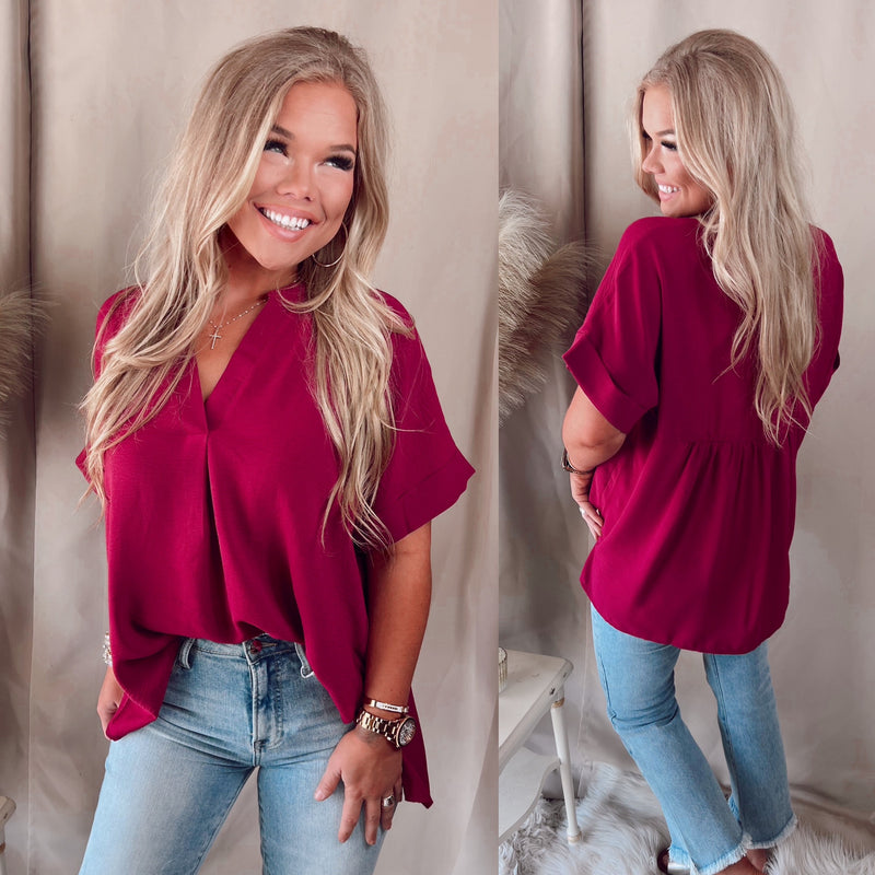 Richie V-Neck Cuffed Blouse- Wine