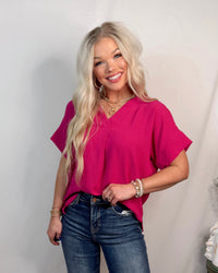 Timeless Touch V Neck Drop Sleeve Top - Fuchsia