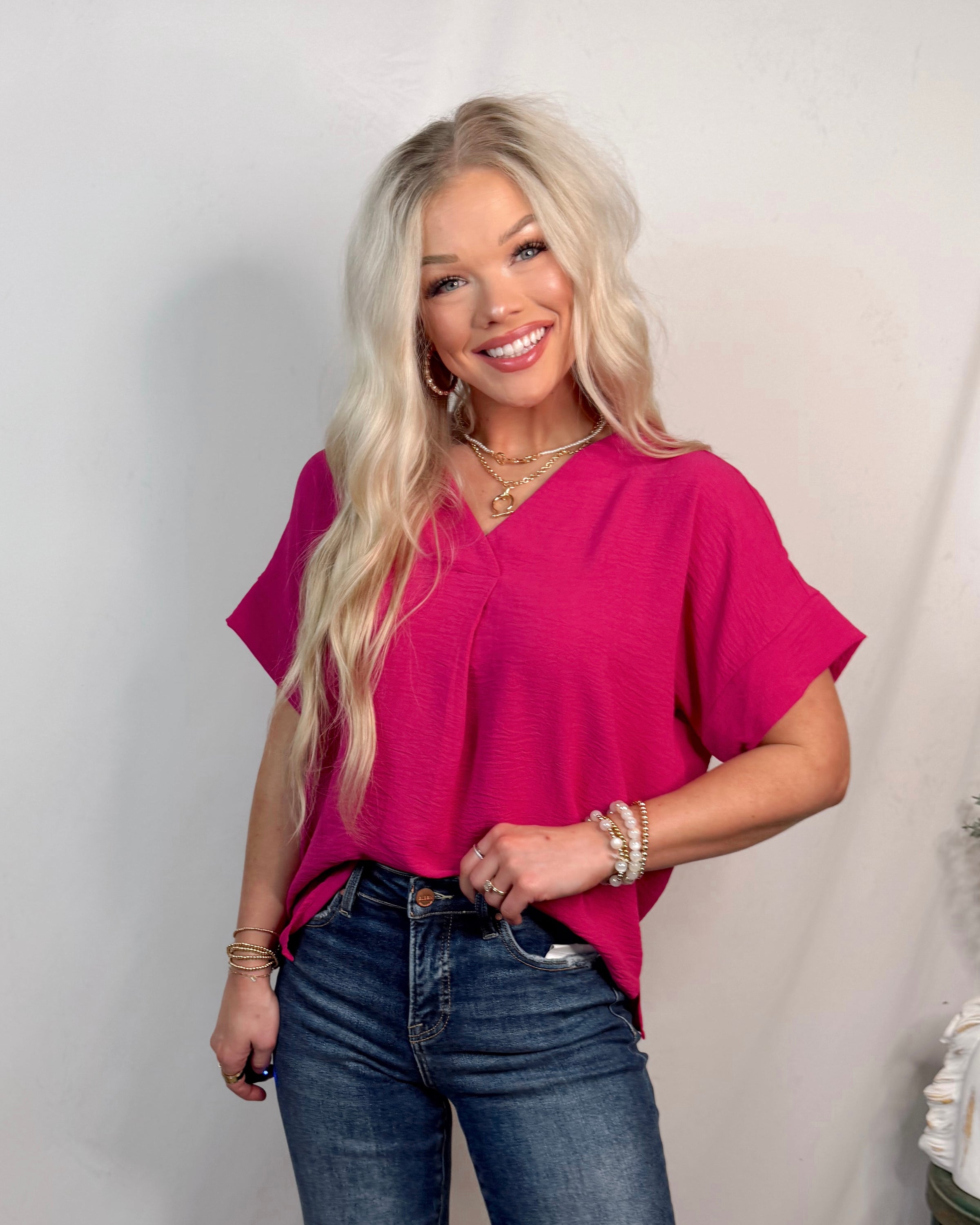 Timeless Touch V Neck Drop Sleeve Top - Fuchsia