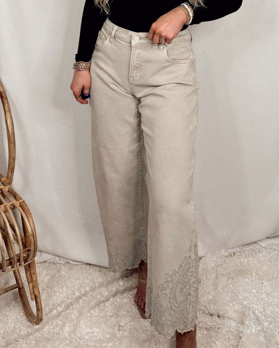 Lady May Lace Embroidered Hem Crop Jeans