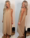 Gone To Greece Beige Woven  Halter Neck Dress with Pockets