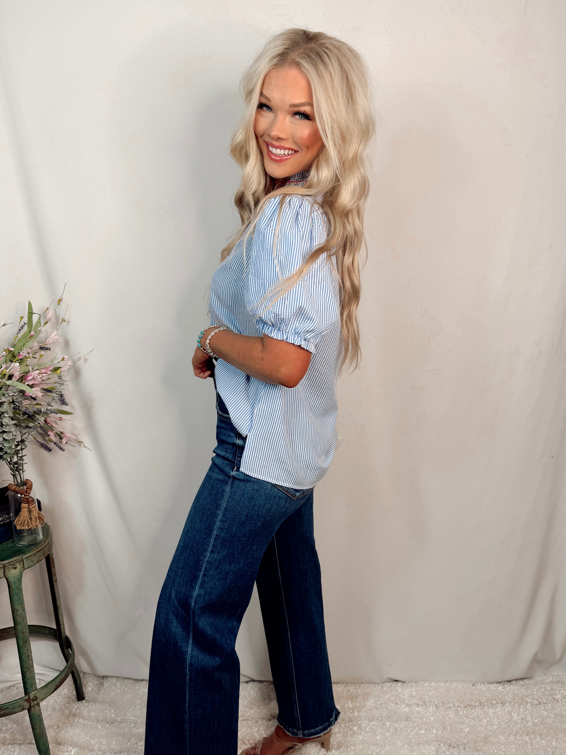 Southern Coastal Chic Collared Striped Embroidered Detailed Blouse