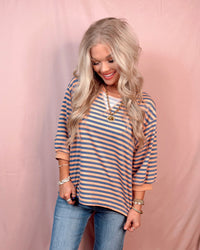 Boardwalk Breeze 3/4 Sleeve Striped Top - Denim and Coral