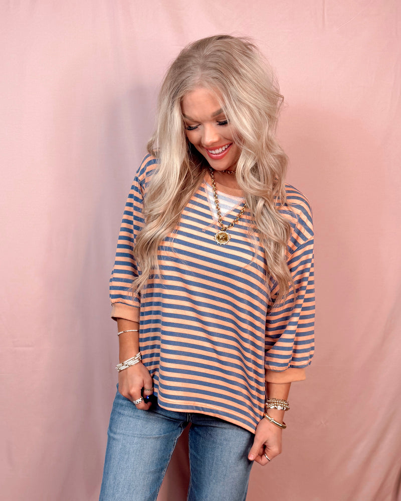 Boardwalk Breeze 3/4 Sleeve Striped Top - Denim and Coral